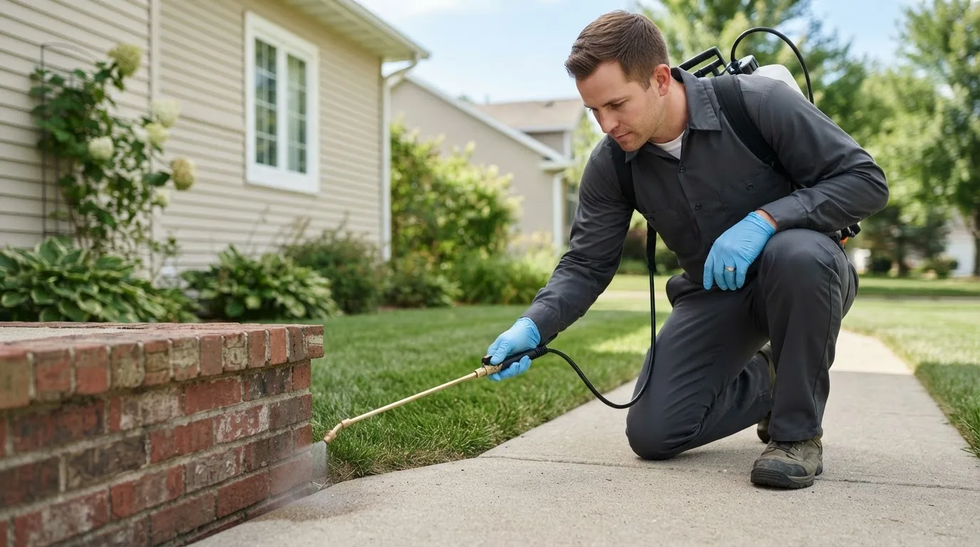 Pest control technician treating a home near Janesville, WI