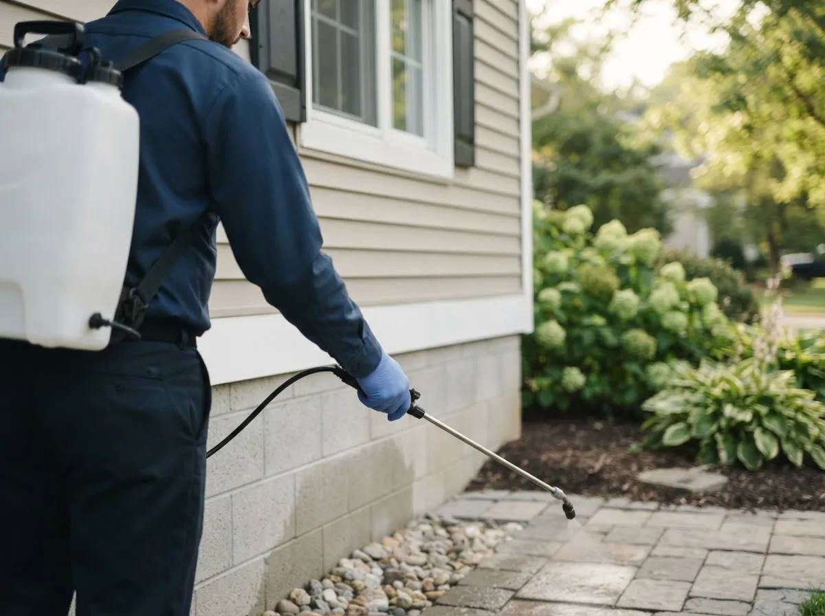Pest control technician inspecting a home in Janesville, WI